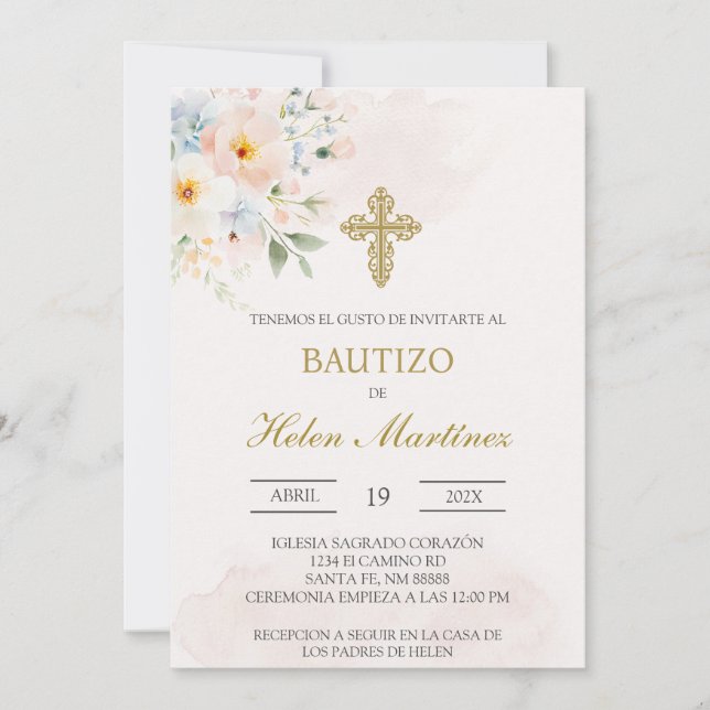 Colourful floral Spanish baptism Invitation (Front)