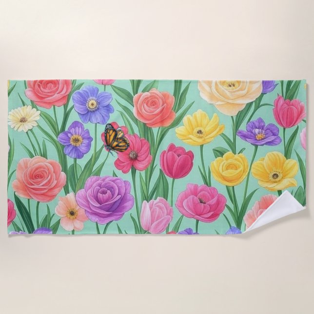 Colourful Floral/Spring Rose Beach Towel (Front)