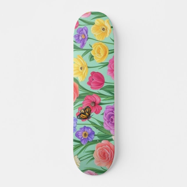 Colourful Floral/Spring Rose Skateboard (Front)