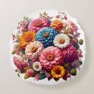 Colourful Floral/Spring Zinnia/Rose Round Cushion