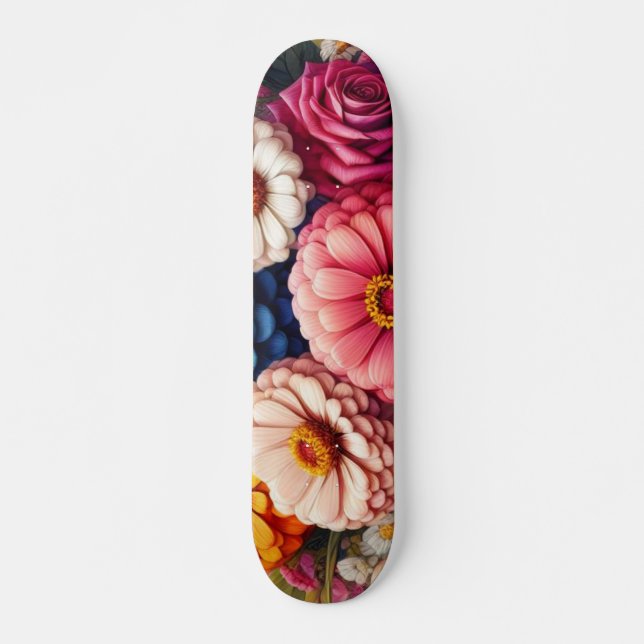 Colourful Floral/Spring Zinnia/Rose Skateboard (Front)