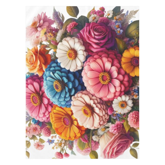 Colourful Floral/Spring Zinnia/Rose Tablecloth (Front)