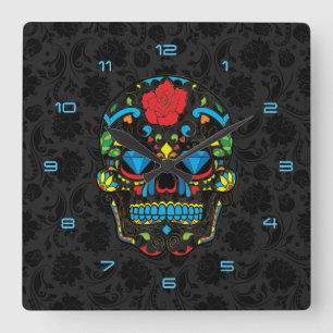 Colourful Floral Sugar Skull Red Rose Blue Square Wall Clock