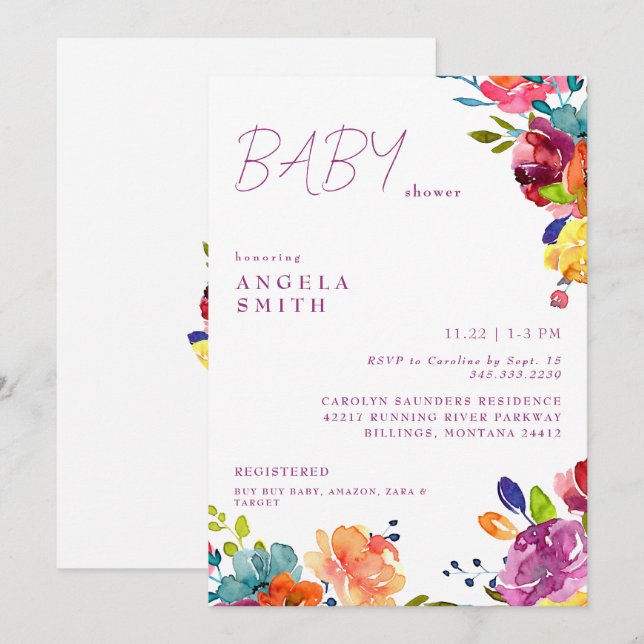 Colourful Floral Summer Baby Girl Shower Invitation (Front/Back)