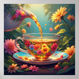Colourful Floral Teacup with Pouring Herbal Tea Poster