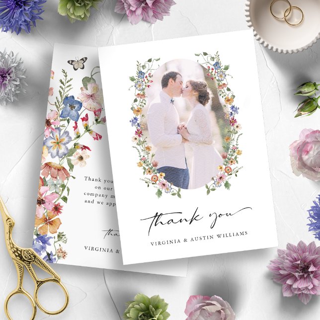 Colourful Floral Thank You Card (Colorful Watercolor Wildflower Wedding Thank You Photo Card by Painted Paperie)