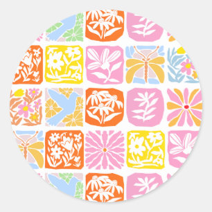 Colourful Floral Tile Botanical Folk Whimsical Classic Round Sticker