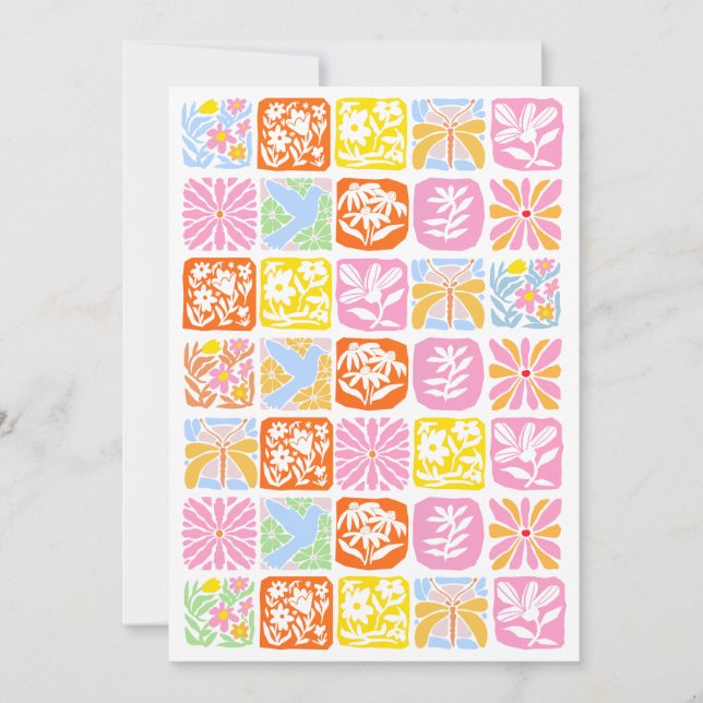  Colourful Floral Tile Botanical Folk Whimsical  Save The Date (Front)