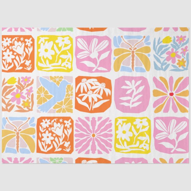  Colourful Floral Tile Botanical Folk Whimsical  Tissue Paper (Front)