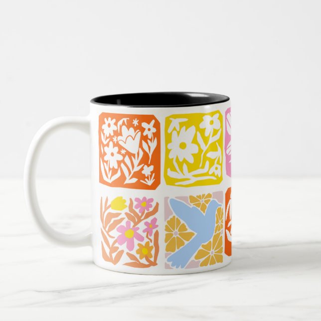 Colourful Floral Tile Botanical Folk Whimsical  Two-Tone Coffee Mug (Left)