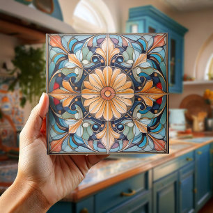 Colourful Floral Tile Pat#8 Blue Apricot ID1078