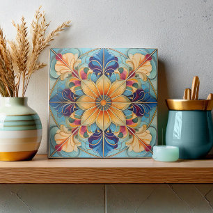 Colourful Floral Tile Pat# Powder Blue Gold ID1078
