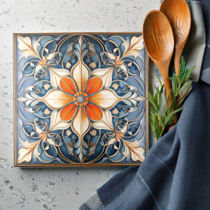 Colourful Floral Tile Pattern#9 Blue Ivory ID1078