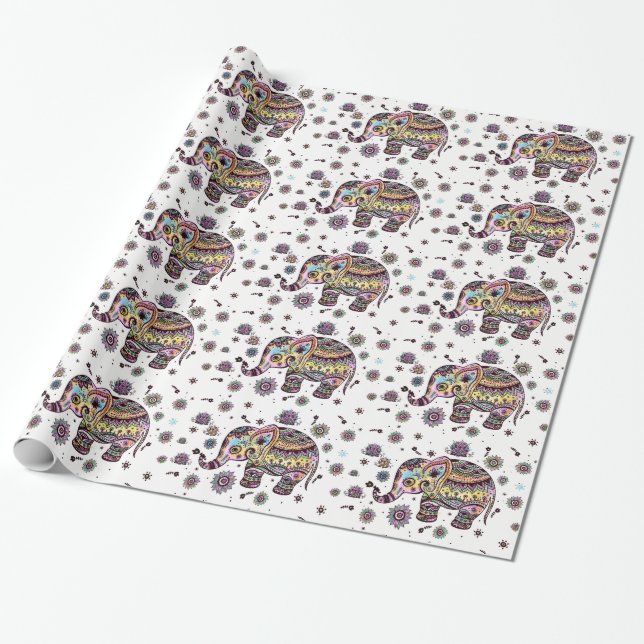 Colourful Floral Tribal Elephant Pattern Wrapping Paper (Unrolled)