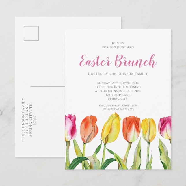 Colourful Floral Tulips Easter Brunch  Invitation Postcard (Front/Back)