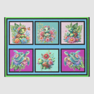 Colourful Floral Turtles on Tile Pattern Decoupage Tissue Paper