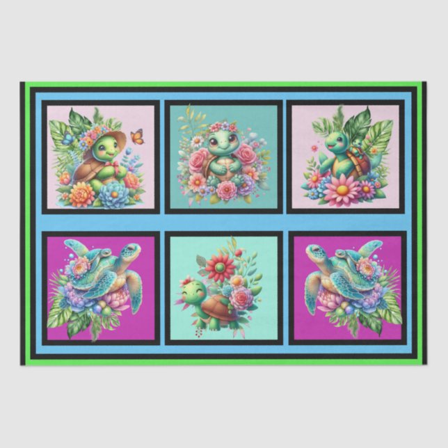 Colourful Floral Turtles on Tile Pattern Decoupage Tissue Paper (Front)