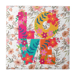 Colourful Floral Typography on Pastel Boho Flowers Ceramic Tile