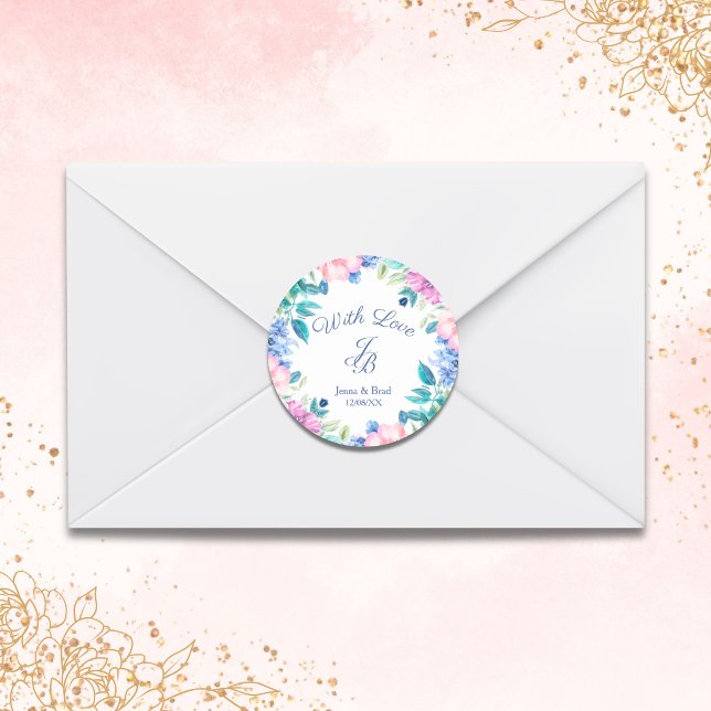 Colourful Floral Typography Script Chic Wedding Classic Round Sticker (This elegant sticker combines the timeless charm of classic script text with a vibrant floral design)