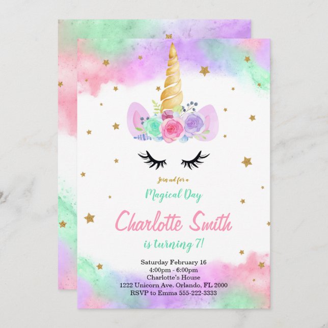 Colourful Floral Unicorn Invitation (Front/Back)