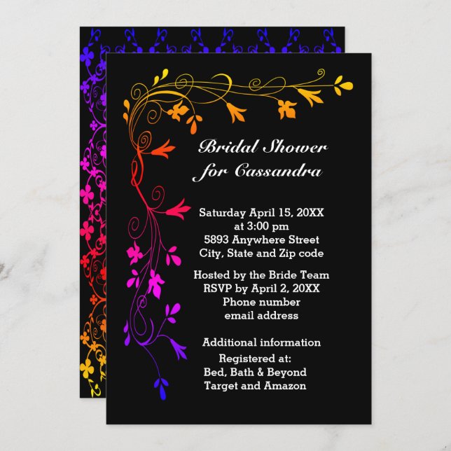 Colourful Floral Vines Bridal Shower Black BKGD Invitation (Front/Back)