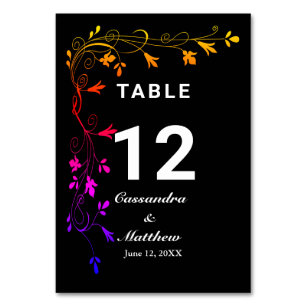 Colourful Floral Vines on Black Background Wedding Table Number