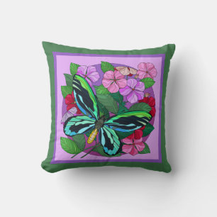 Colourful floral w/ butterfly; purple on green cushion
