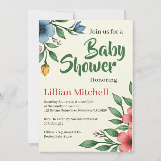 Colourful Floral Watercolor Baby Shower Invitation