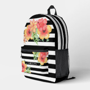Colourful Floral Watercolor Black White Art Stripe Printed Backpack
