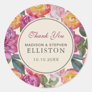 Colourful Floral Watercolor Bouquet   Thank You Classic Round Sticker