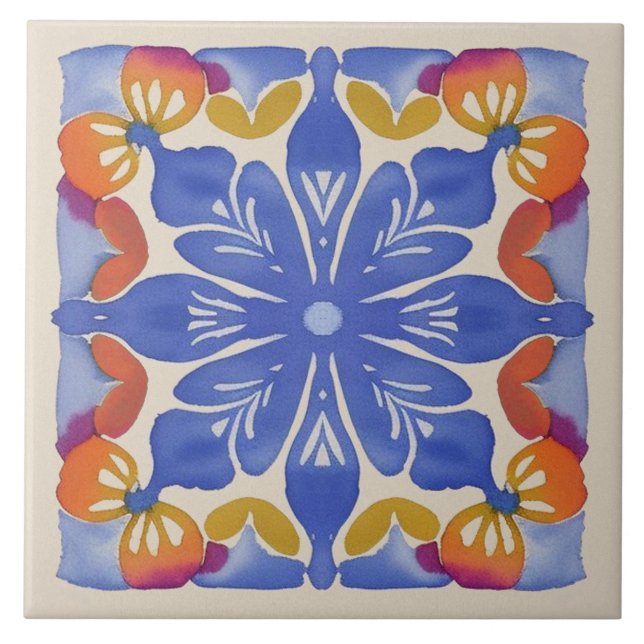 Colourful Floral Watercolor Ceramic Tile (Front)