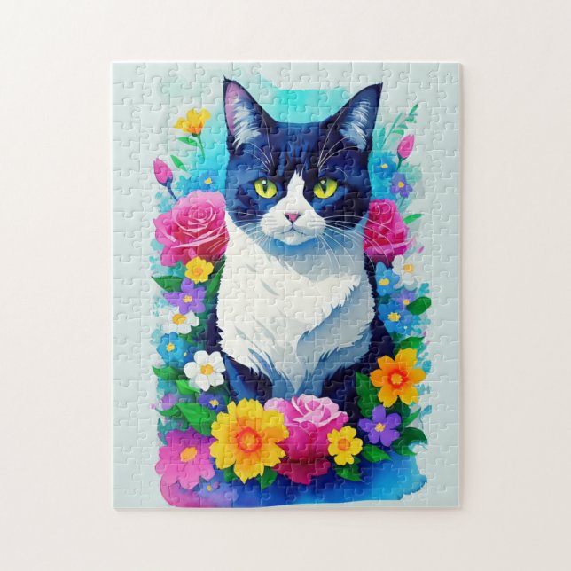 Colourful Floral Watercolor Painted Cat Jigsaw Puzzle (Vertical)
