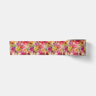 Colourful Floral Watercolor Rose Garden Pattern Satin Ribbon