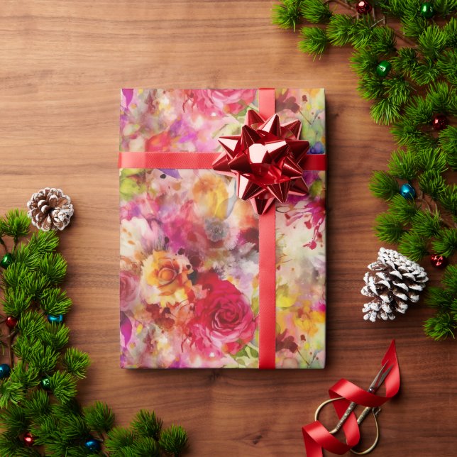 Colourful Floral Watercolor Rose Garden Pattern Wrapping Paper (Holiday Gift)
