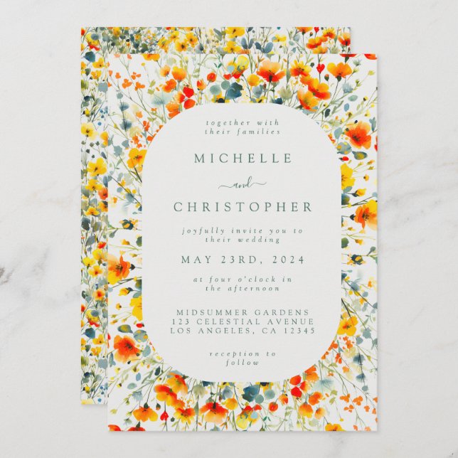 Colourful Floral Watercolor Wedding Invitation (Front/Back)