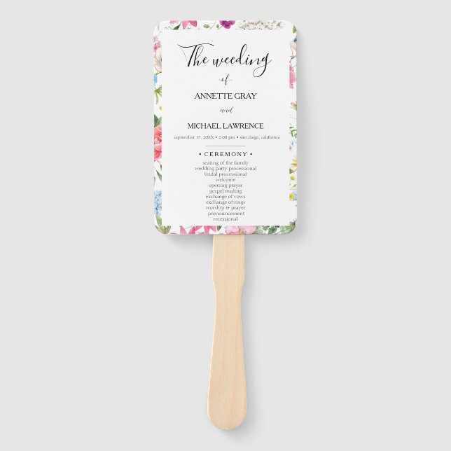 Colourful Floral wedding ceremony program Hand Fan (Front)