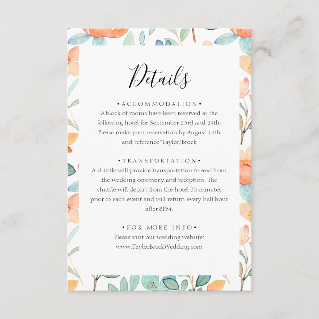 Colourful floral Wedding Details Enclosure Card (Front)