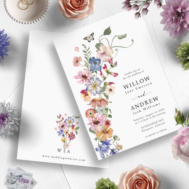 Colourful Floral Wedding Invitation (Watercolor Colorful Wildflower Wedding Invitation by Painted Paperie)