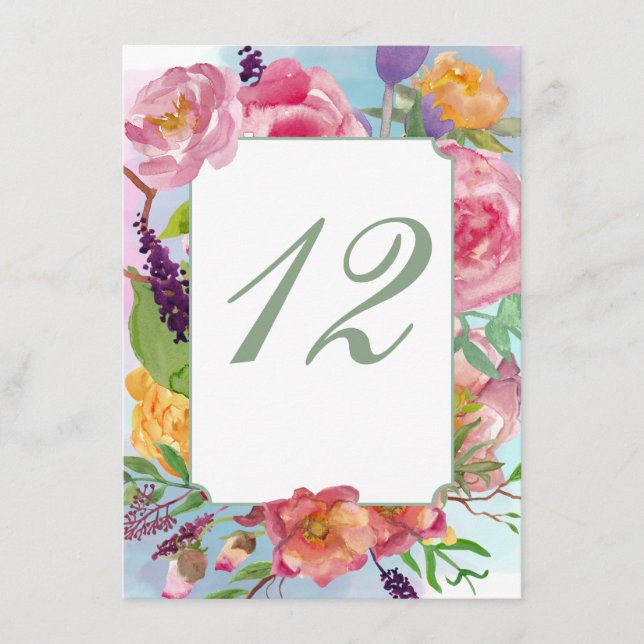 Colourful Floral Wedding Reception Table Number (Front)