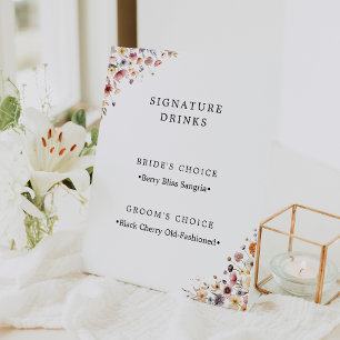 Colourful Floral Wedding Signature Drinks Pedestal Sign