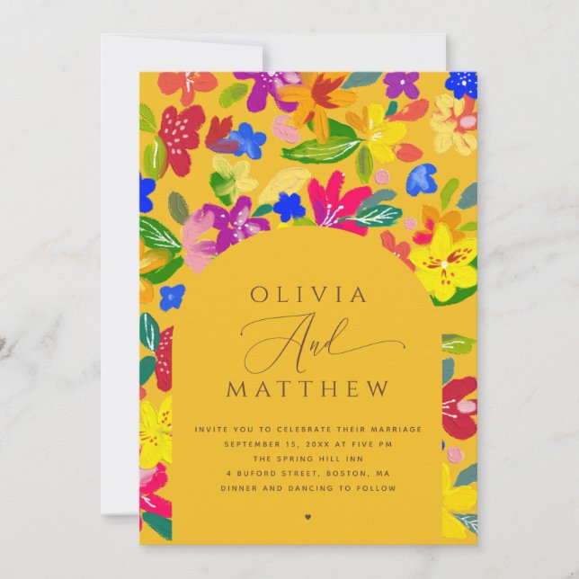 Colourful Floral Wedding | Yellow Arch + QR Code Invitation (Front)