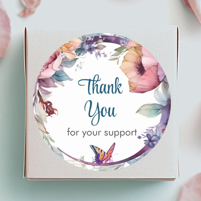 Colourful Floral with butterfly Thank You  Classic Round Sticker (Creator Uploaded)