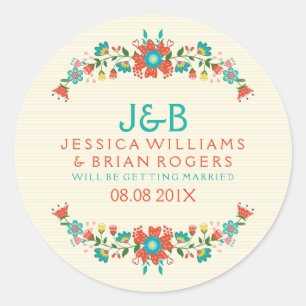 Colourful Floral Wreath & Beige Stripes Background Classic Round Sticker