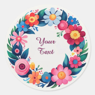 Colourful Floral Wreath Design Classic Round Sticker