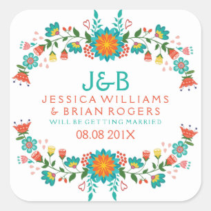 Colourful Floral Wreath Frame Square Sticker