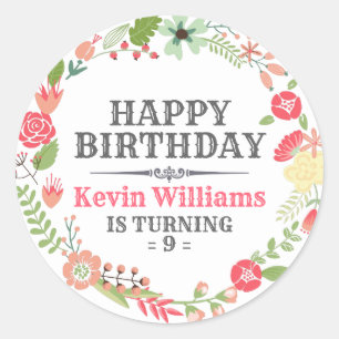 Colourful Floral Wreath Happy Birthday Text Templa Classic Round Sticker