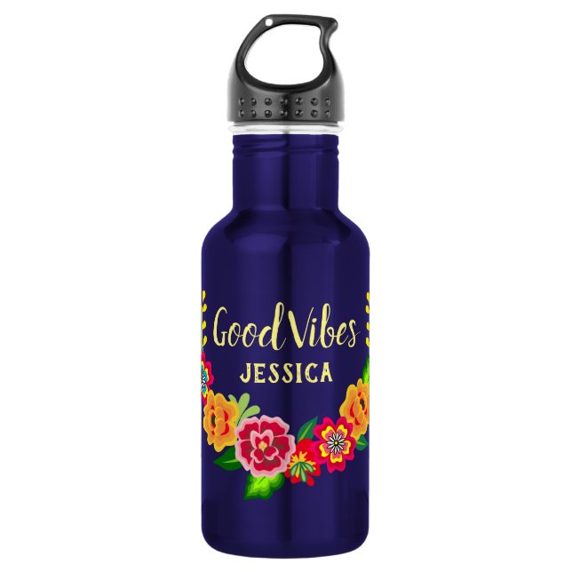 Colourful Floral Wreath Modern Good Vibes 532 Ml Water Bottle (Front)