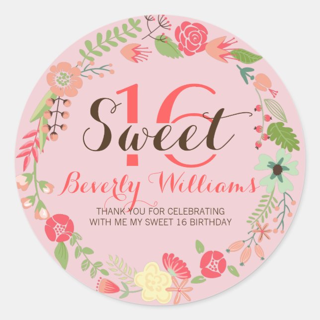Colourful Floral Wreath On Pink Sweet 16 Classic Round Sticker (Front)