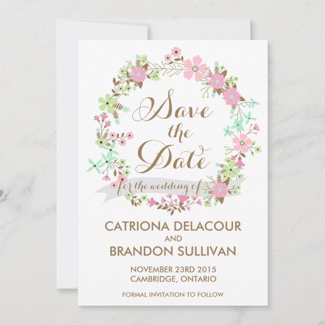 Colourful Floral Wreath Save The Date Announcement (Front)