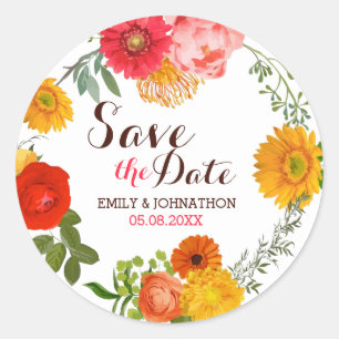 Colourful Floral Wreath- Save The Date Classic Round Sticker